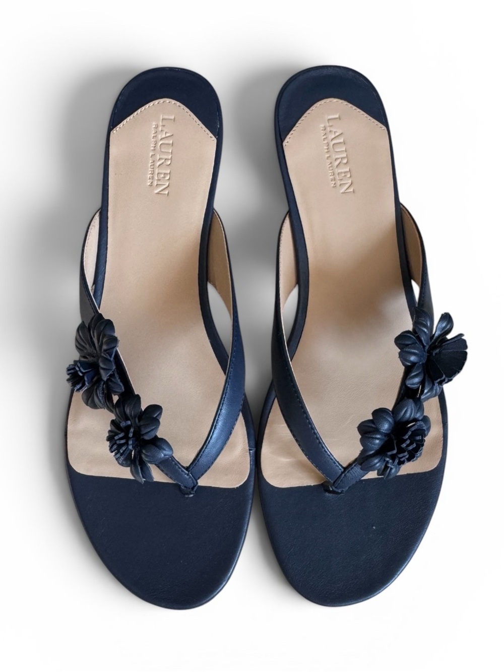 Lauren Ralph Lauren Francesca Floral Leather Kitten Heel Thing Sandals Navy 10